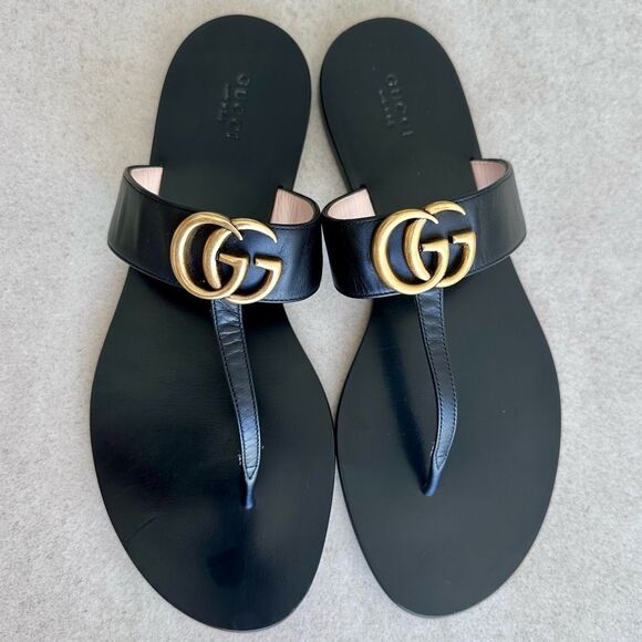 Gucci Marmont GG Thong Sandals EU 40 US 10 Black Leather Flat Flip Flips - Picture 2 of 10